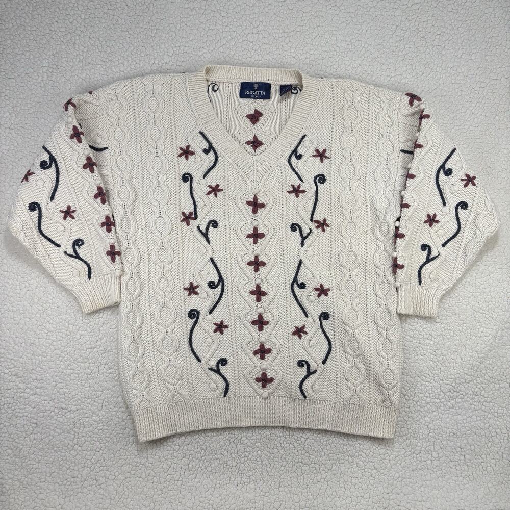 Regatta Womens M‎ Chunky Knit Floral Sweater Jumper V Neck Jacquard Cottagecore